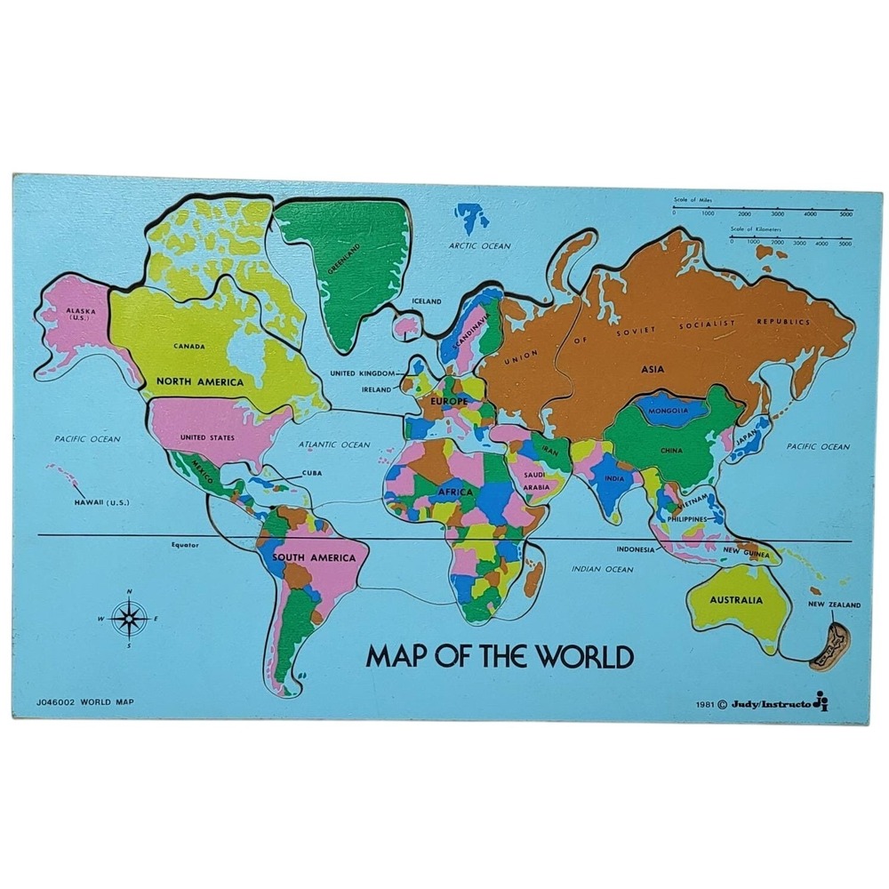 Vintage 1981 Judy Instructo Wooden World Map Puzzle J046002 Geography Puzzle*